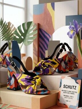 Schutz Abstract Floral Knotted Block Heel Sandals Fabric Multi-Color Size 6.5